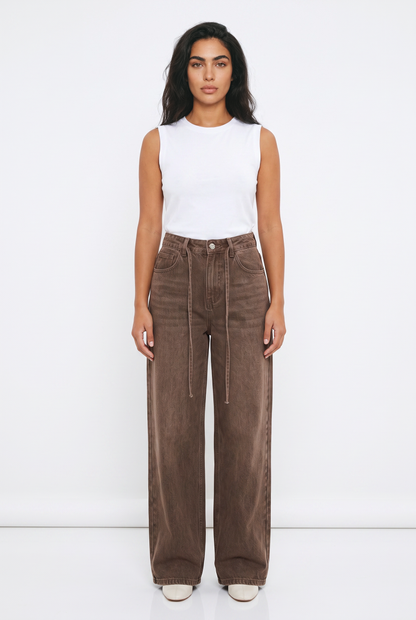 Women's Wide Leg Jeans | Brown Baggy High Waist Denim
