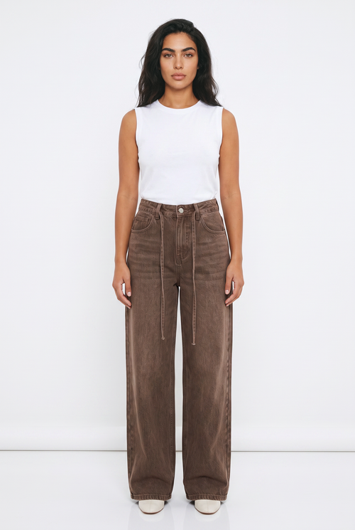 Women's Wide Leg Jeans | Brown Baggy High Waist Denim