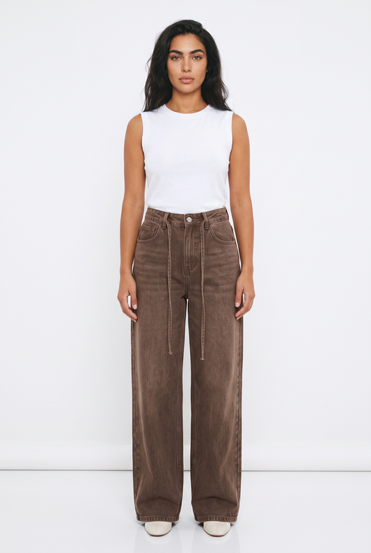 Women's Wide Leg Jeans | Brown Baggy High Waist Denim