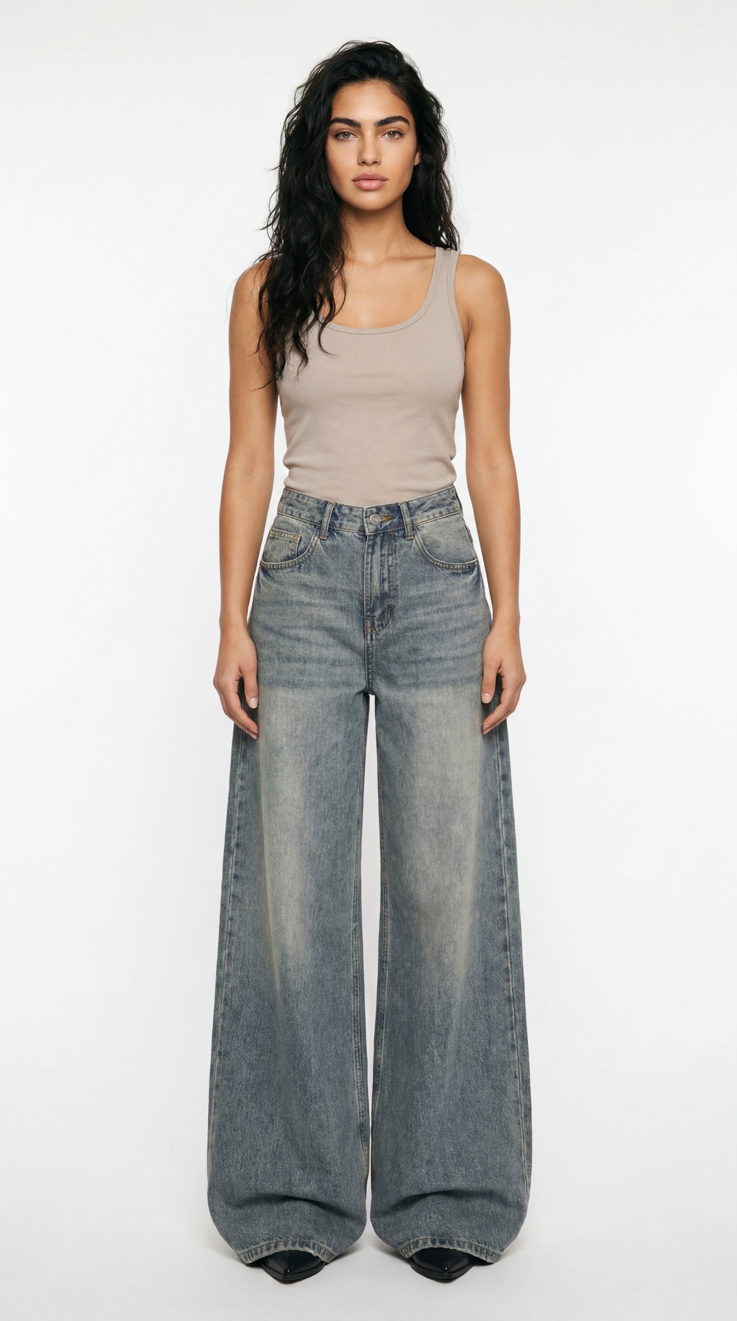 Retro High Waist Wide Leg Jeans Vintage Blue Cotton Blend