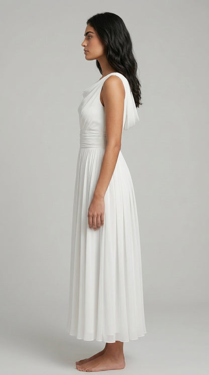 Women's Midi Dress – Pleated A-Line Summer Dress with Draped Neck