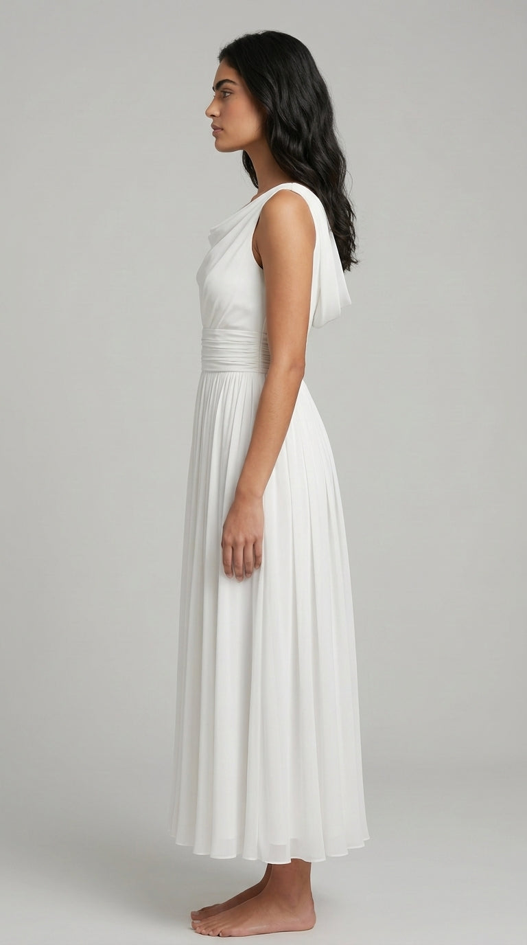 Women's Midi Dress – Pleated A-Line Summer Dress with Draped Neck