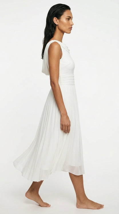 Women's Midi Dress – Pleated A-Line Summer Dress with Draped Neck