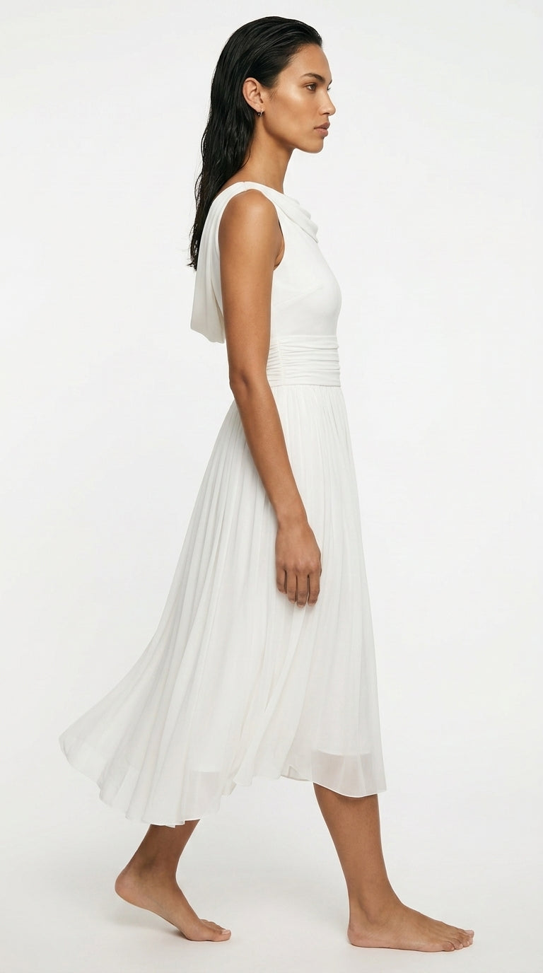 Women's Midi Dress – Pleated A-Line Summer Dress with Draped Neck