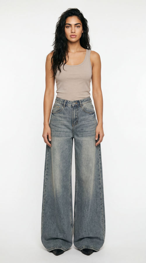 Retro High Waist Wide Leg Jeans Vintage Blue Cotton Blend