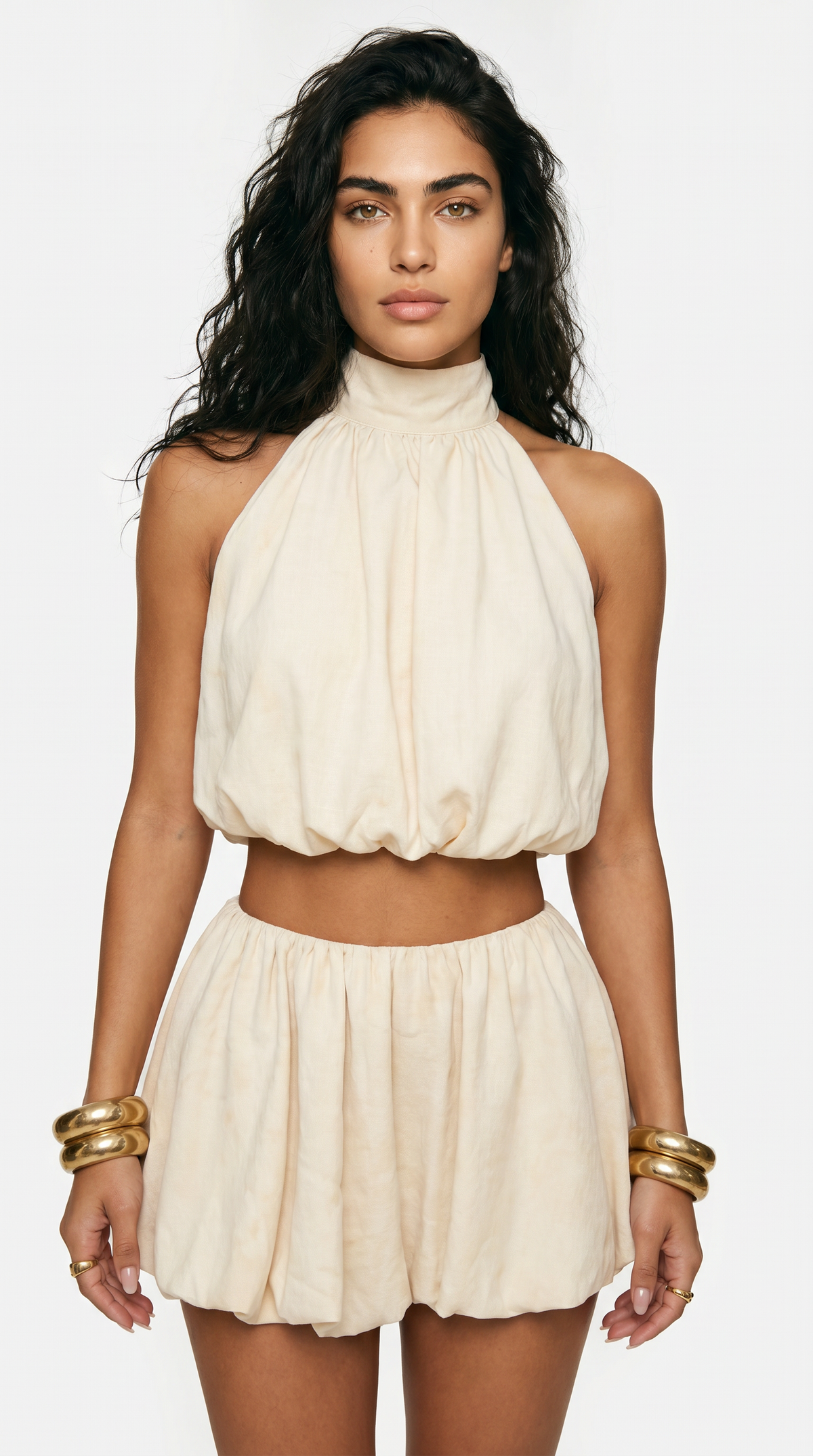 Halter Neck Crop Top and Bubble Skirt Set Women Cream