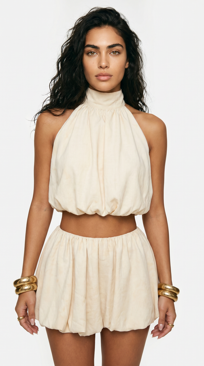 Halter Neck Crop Top and Bubble Skirt Set Women Cream