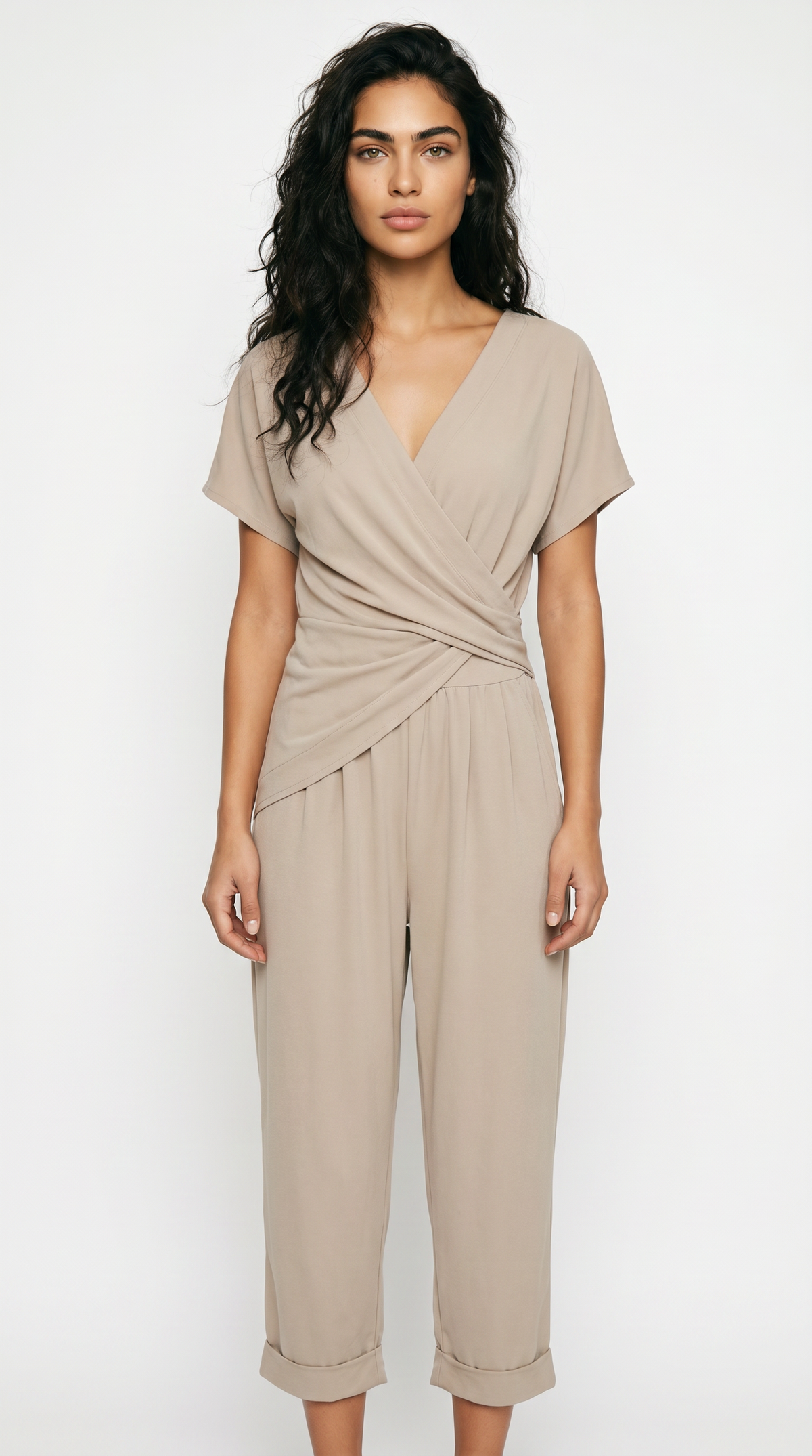Women's Wrap Front Cropped Jumpsuit Short Sleeve