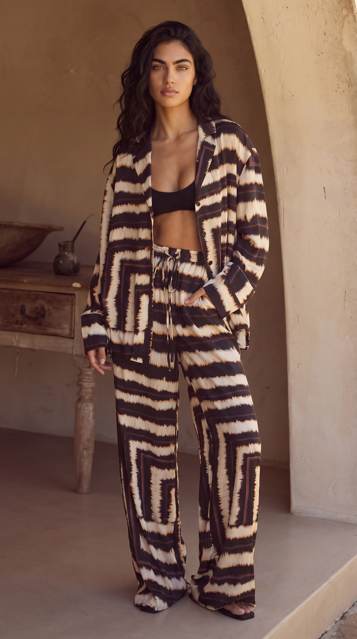 Women's Printed Wide-Leg Pants & Shirt Co-ord Set Brown