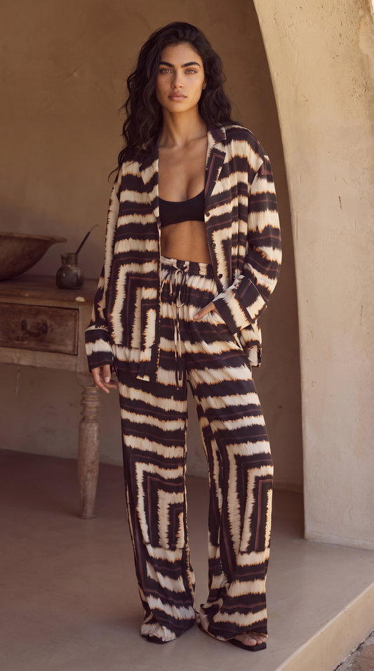 Women's Printed Wide-Leg Pants & Shirt Co-ord Set Brown