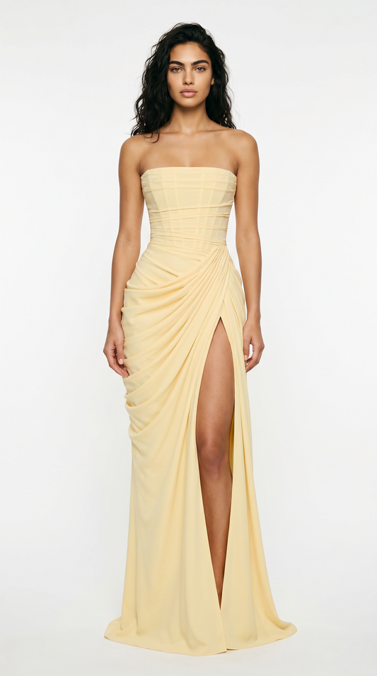 Strapless Draped Maxi Dress with High Slit – Women's