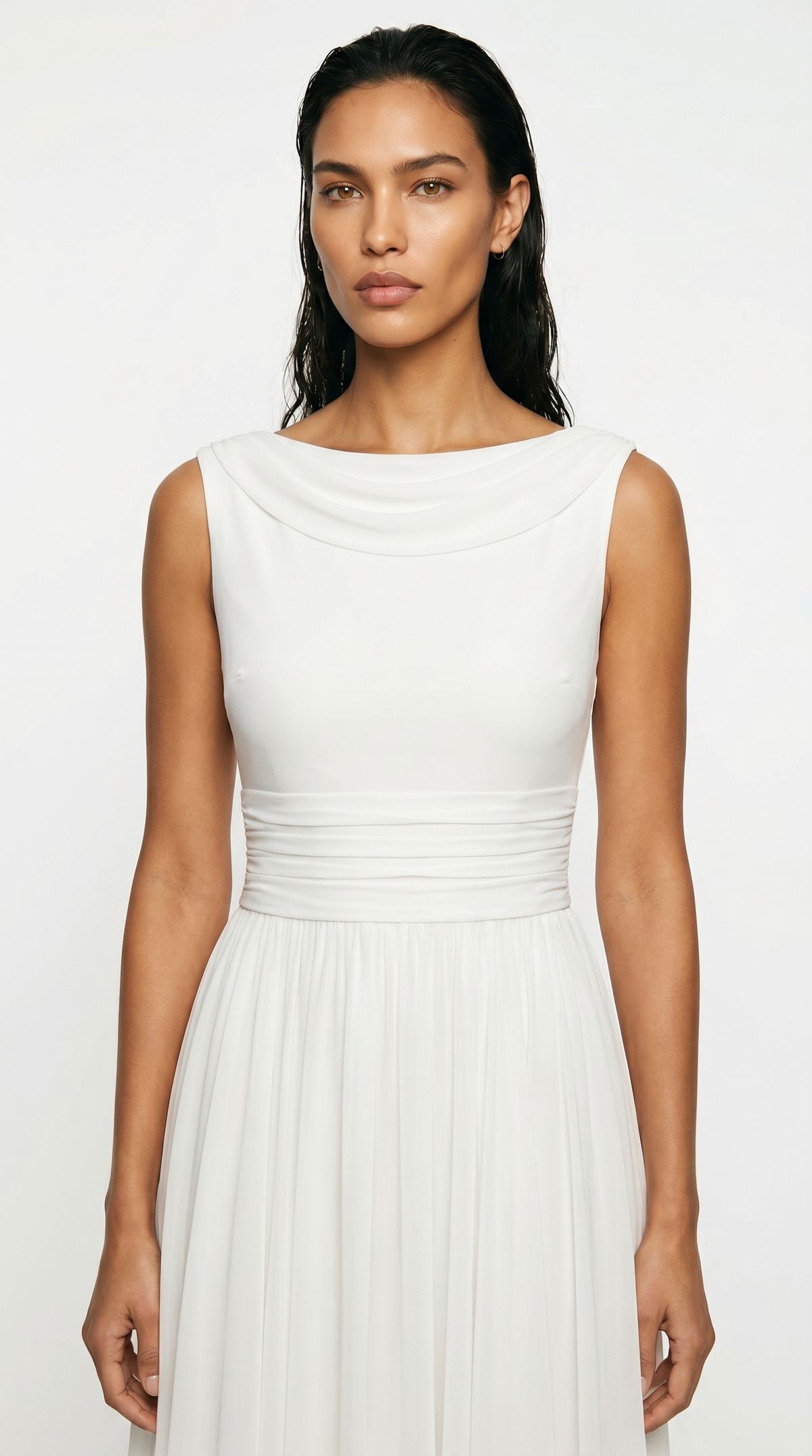 Women's Midi Dress – Pleated A-Line Summer Dress with Draped Neck